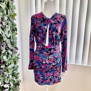 ZARA NEW Multicolor Floral Mini Ruffled Dress Size S Cut Out Front Long sleeve.